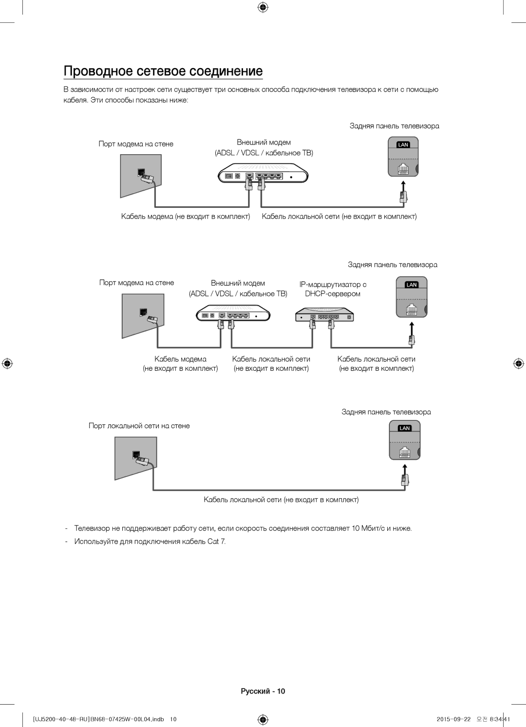 Samsung UE40J5200AUXRU, UE48J5200AUXRU, UE40J5200AUXUZ manual Проводное сетевое соединение, Adsl / Vdsl / кабельное ТВ 