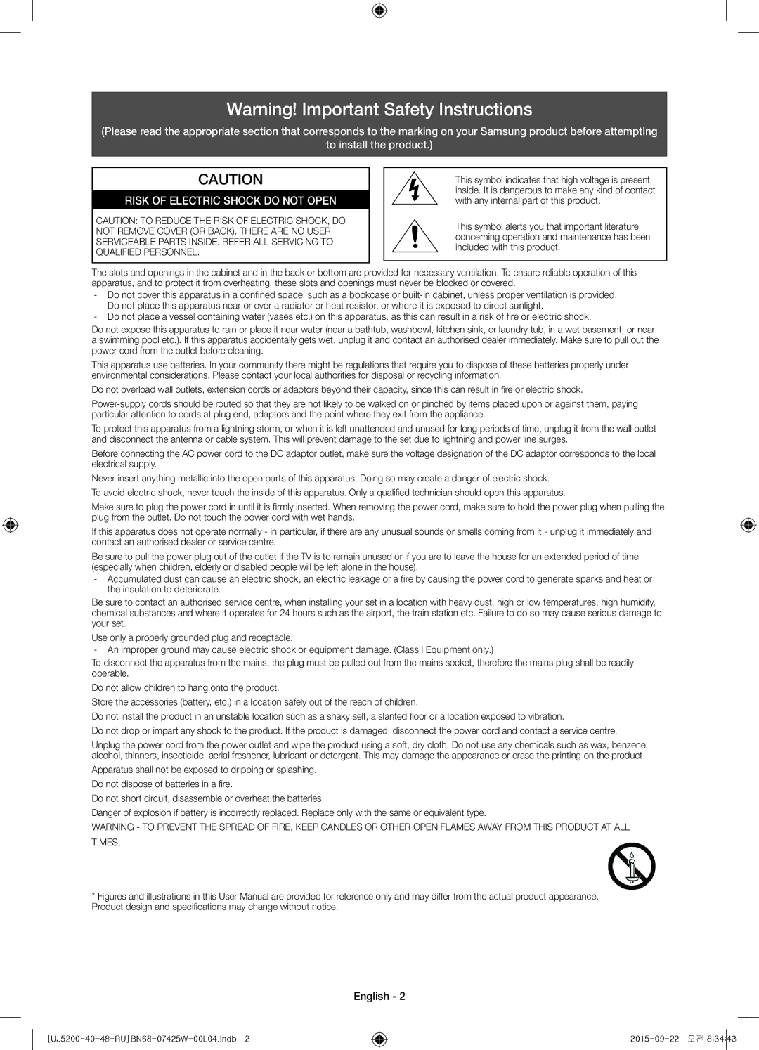 Samsung UE40J5200AUXRU, UE48J5200AUXRU, UE40J5200AUXUZ manual Risk of Electric Shock do not Open, English 