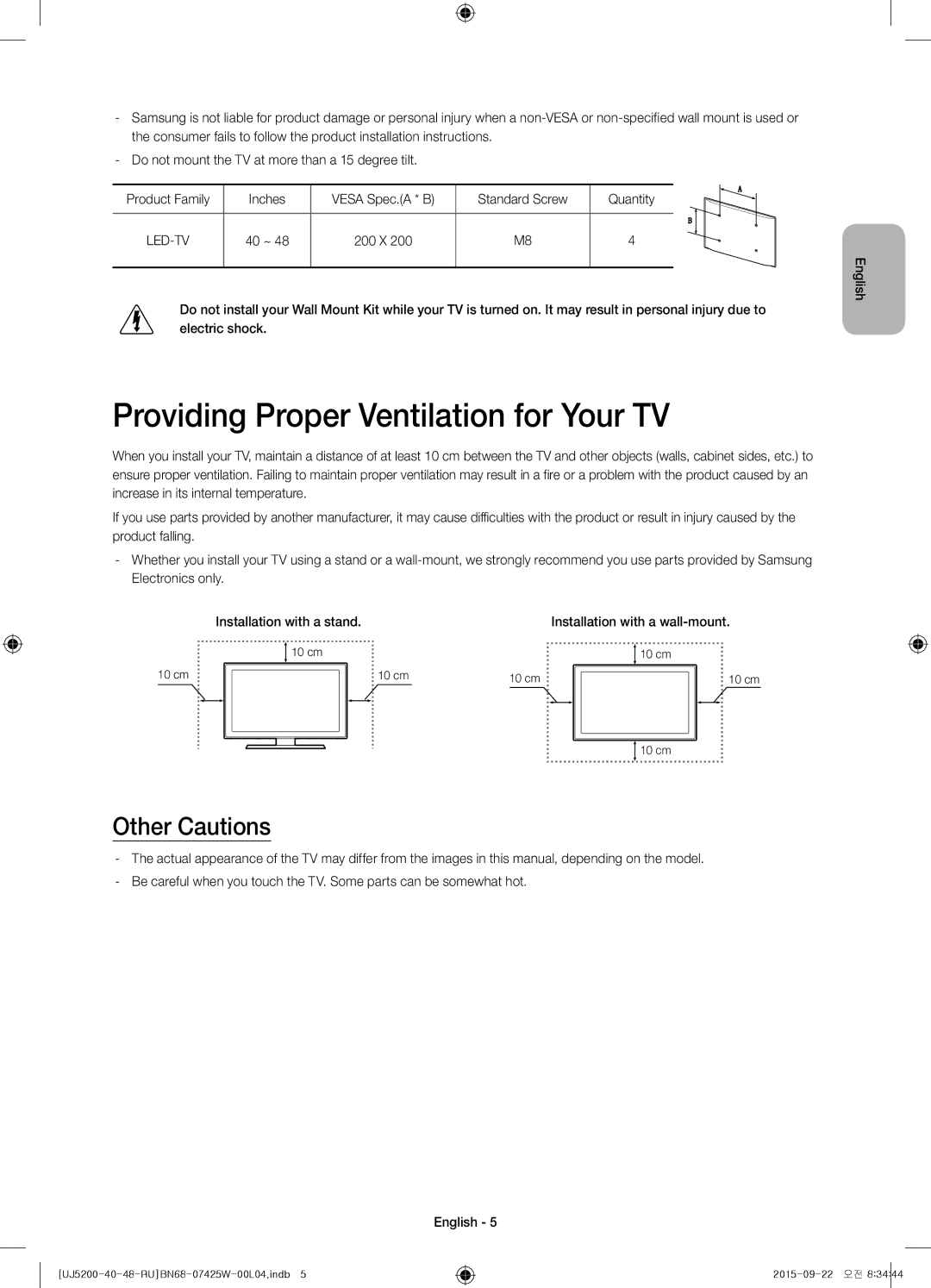 Samsung UE40J5200AUXRU, UE48J5200AUXRU, UE40J5200AUXUZ manual Providing Proper Ventilation for Your TV, Other Cautions, 40 ~ 