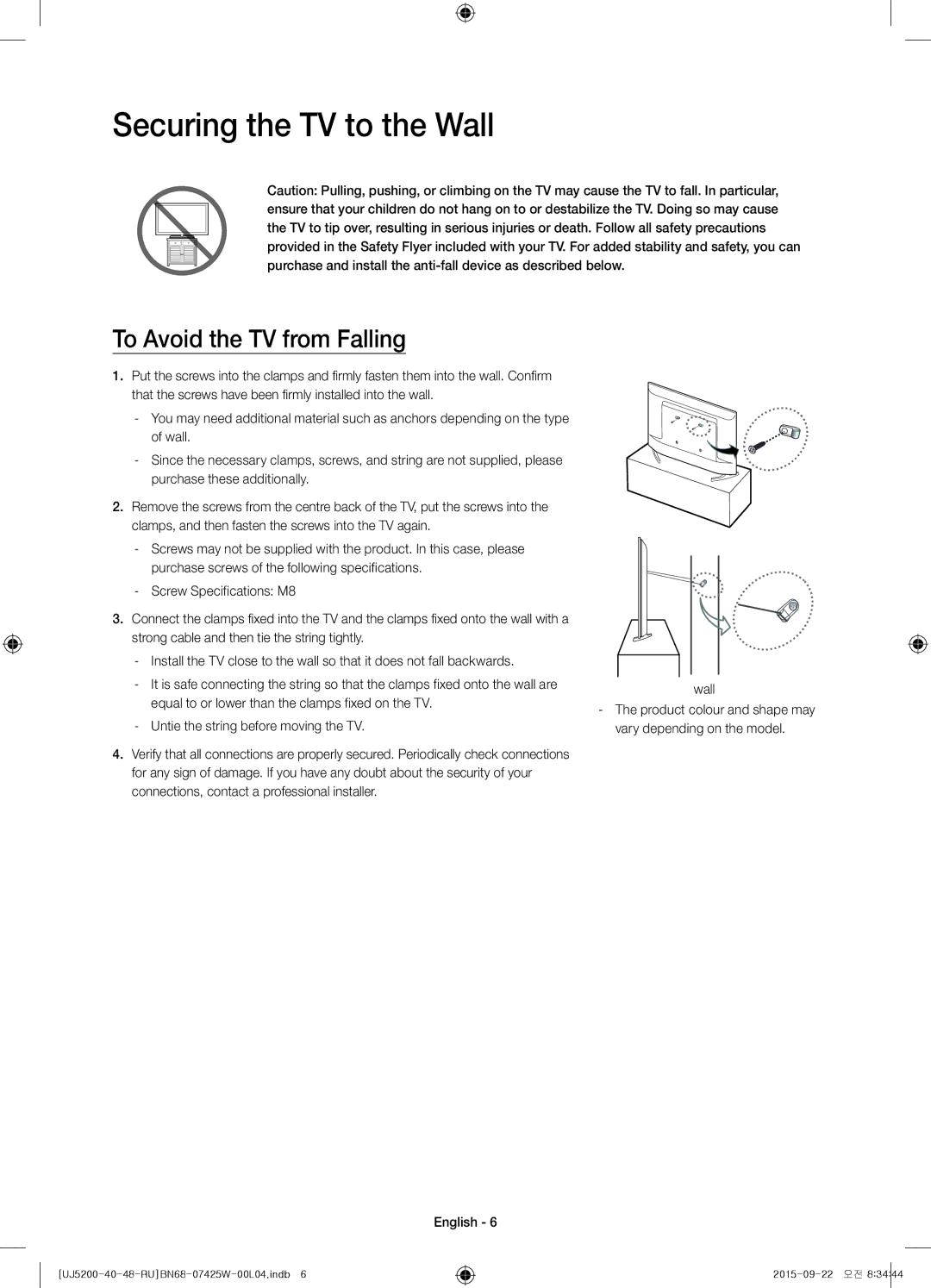 Samsung UE40J5200AUXUZ, UE48J5200AUXRU, UE40J5200AUXRU manual Securing the TV to the Wall, To Avoid the TV from Falling 