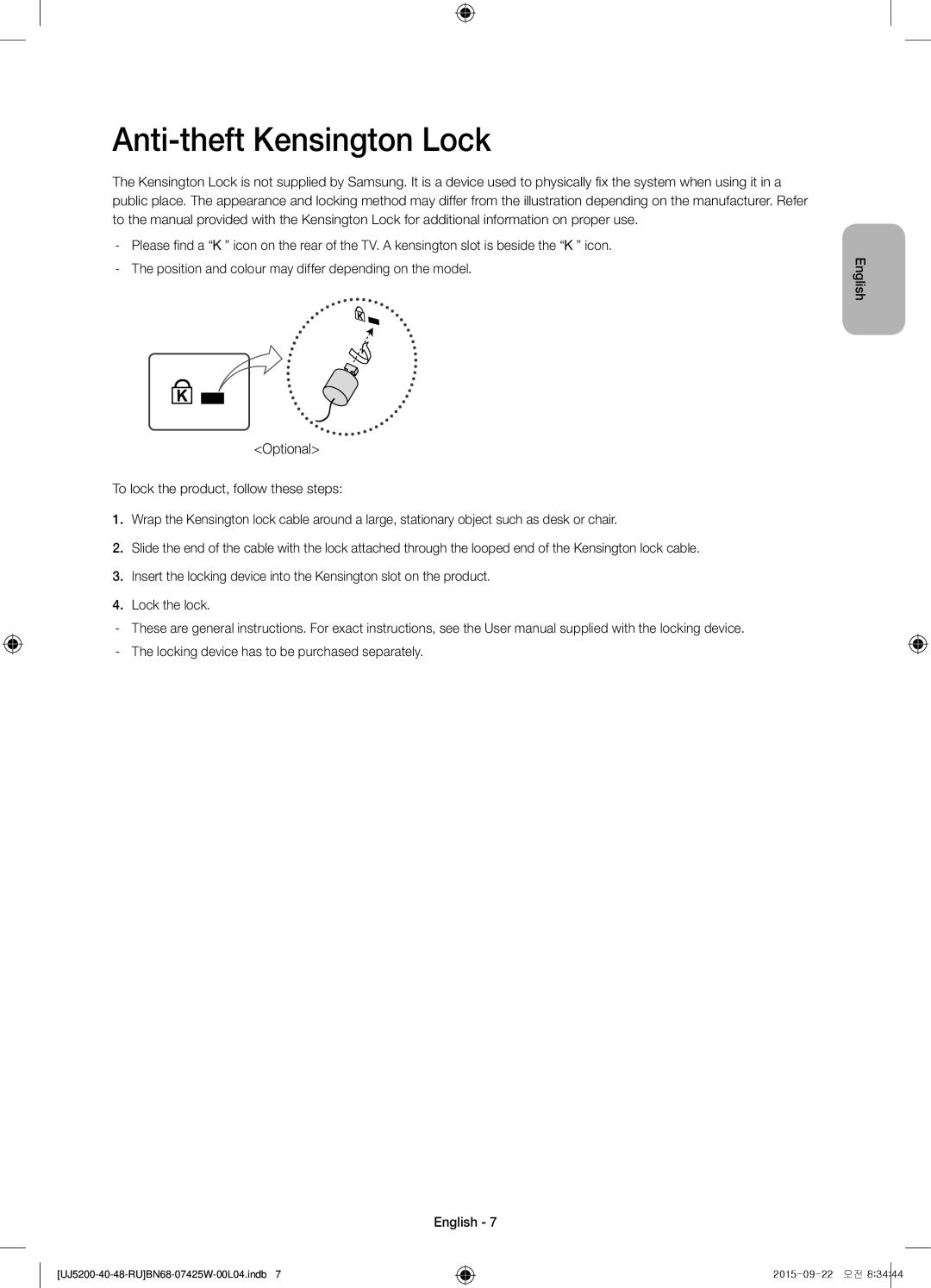 Samsung UE48J5200AUXRU, UE40J5200AUXRU, UE40J5200AUXUZ manual Anti-theft Kensington Lock 