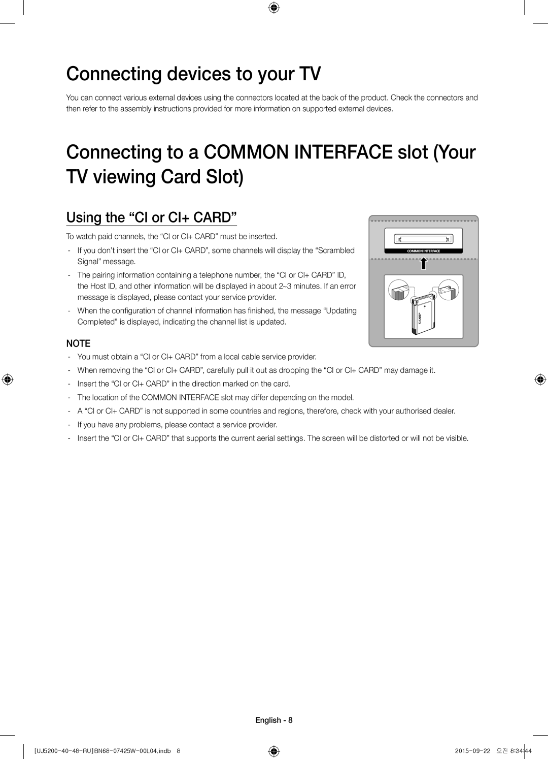 Samsung UE40J5200AUXRU, UE48J5200AUXRU, UE40J5200AUXUZ manual Connecting devices to your TV, Using the CI or CI+ Card 