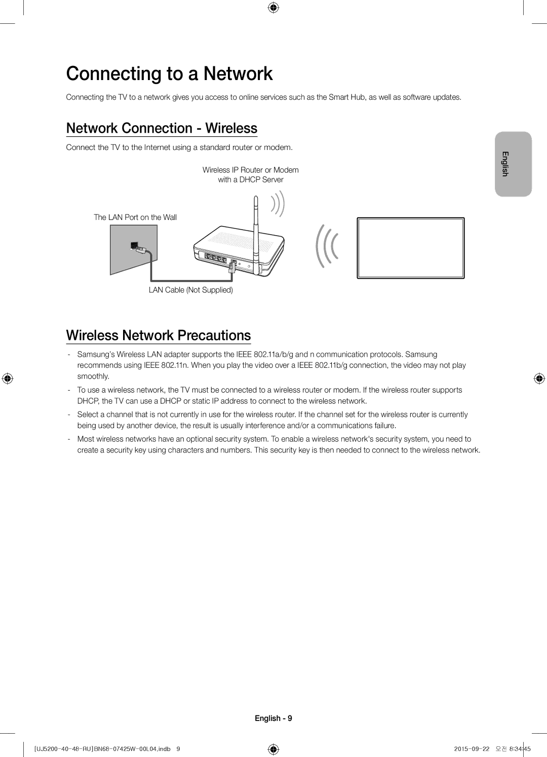 Samsung UE40J5200AUXUZ, UE48J5200AUXRU Connecting to a Network, Network Connection Wireless, Wireless Network Precautions 