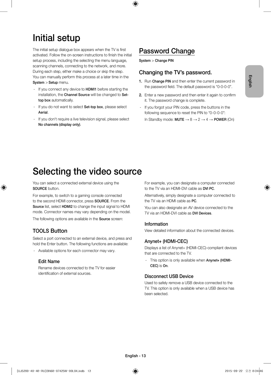 Samsung UE48J5200AUXRU manual Initial setup, Selecting the video source, Password Change, Changing the TV’s password 