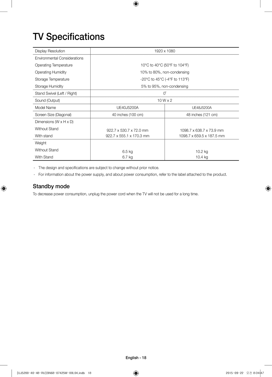 Samsung UE40J5200AUXUZ, UE48J5200AUXRU, UE40J5200AUXRU manual TV Specifications, Standby mode 