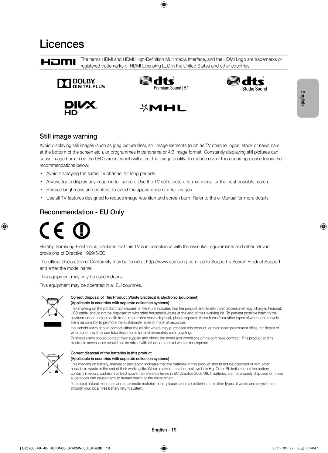 Samsung UE48J5200AUXRU, UE40J5200AUXRU, UE40J5200AUXUZ manual Licences, Still image warning, Recommendation EU Only 