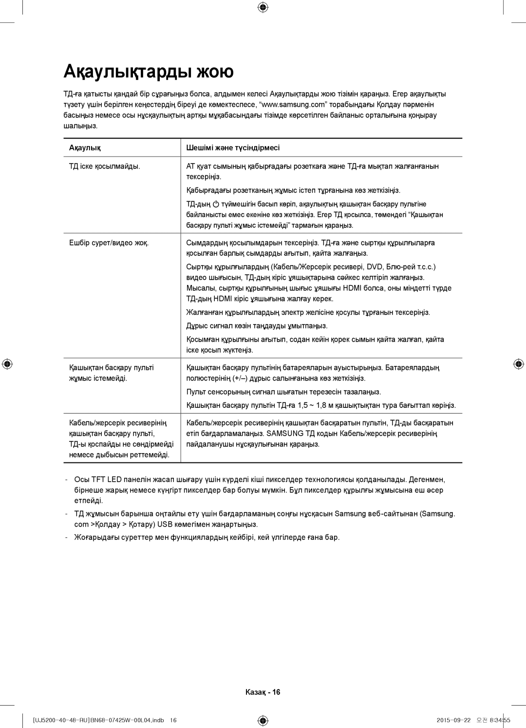 Samsung UE40J5200AUXRU, UE48J5200AUXRU, UE40J5200AUXUZ manual Ақаулықтарды жою 