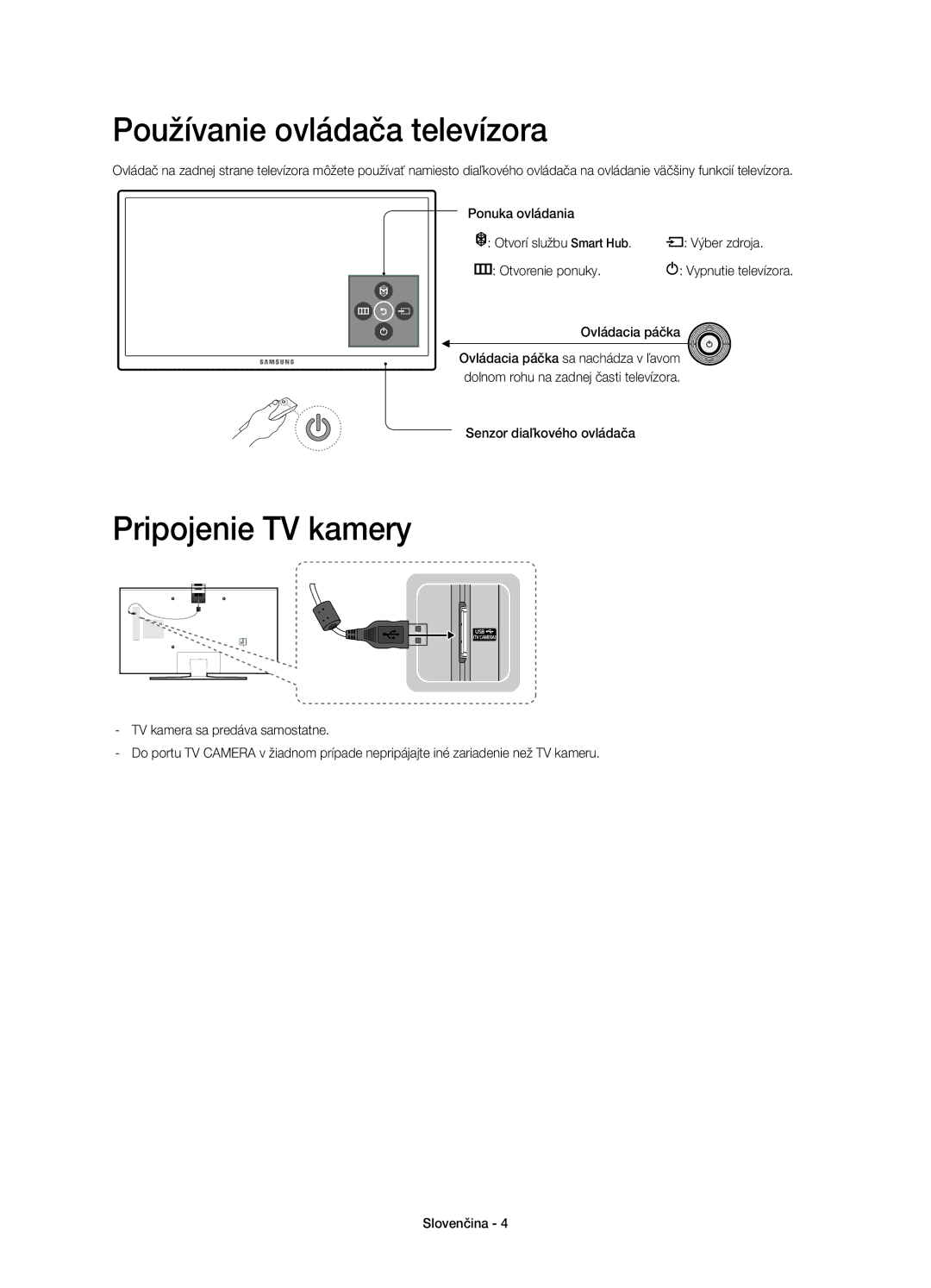 Samsung UE60J6200AWXXN Používanie ovládača televízora, Pripojenie TV kamery, Ovládacia páčka, Senzor diaľkového ovládača 