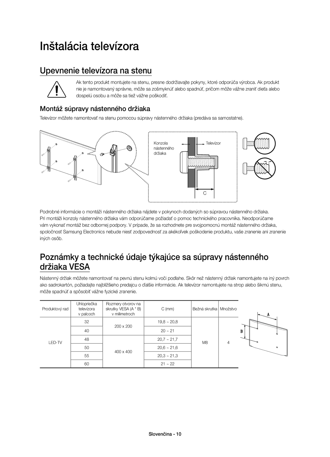 Samsung UE55J6200AWXXH manual Inštalácia televízora, Upevnenie televízora na stenu, Montáž súpravy nástenného držiaka 