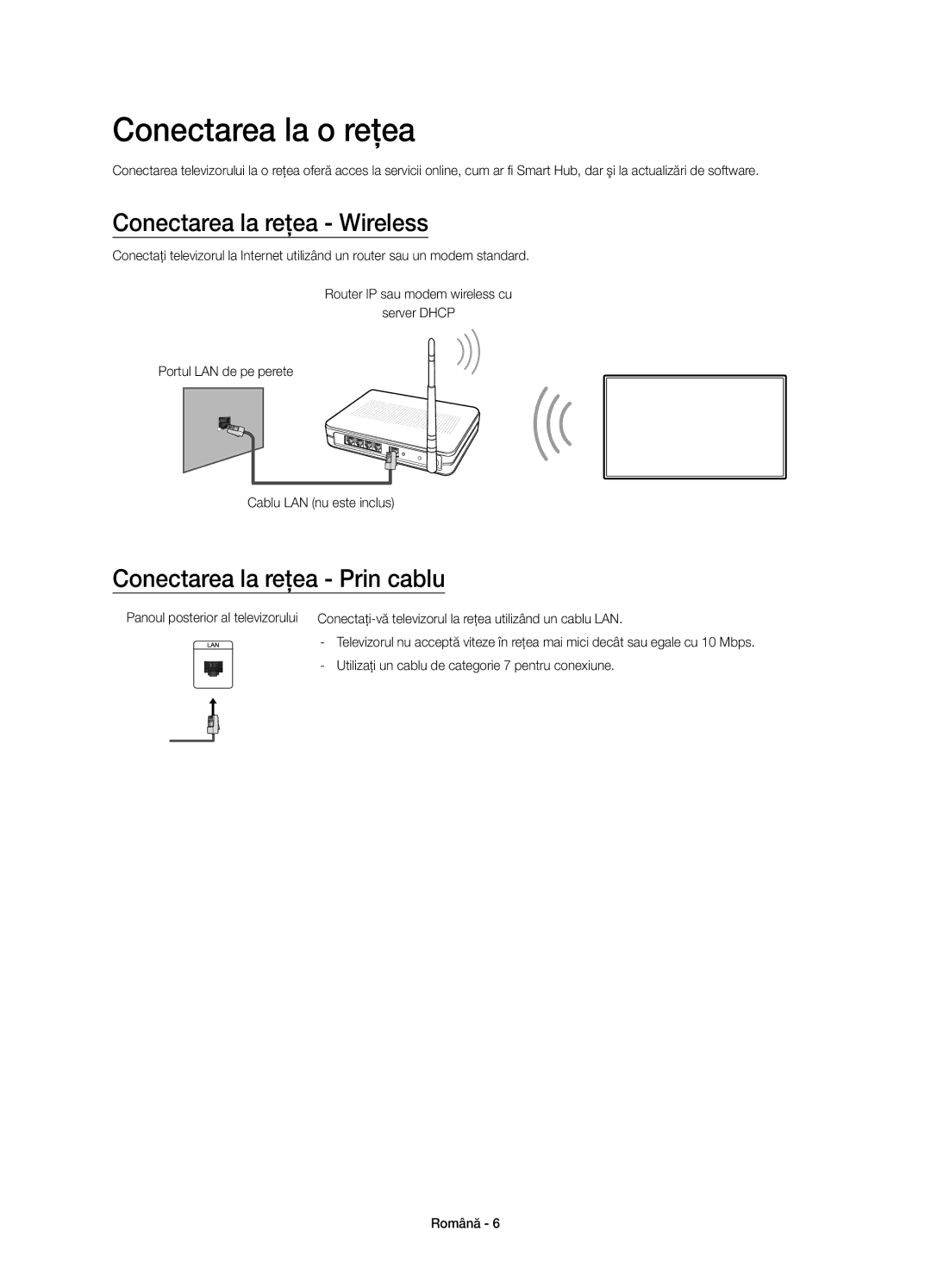 Samsung UE60J6202AKXXH, UE48J6200AWXXH Conectarea la o reţea, Conectarea la reţea Wireless, Conectarea la reţea Prin cablu 