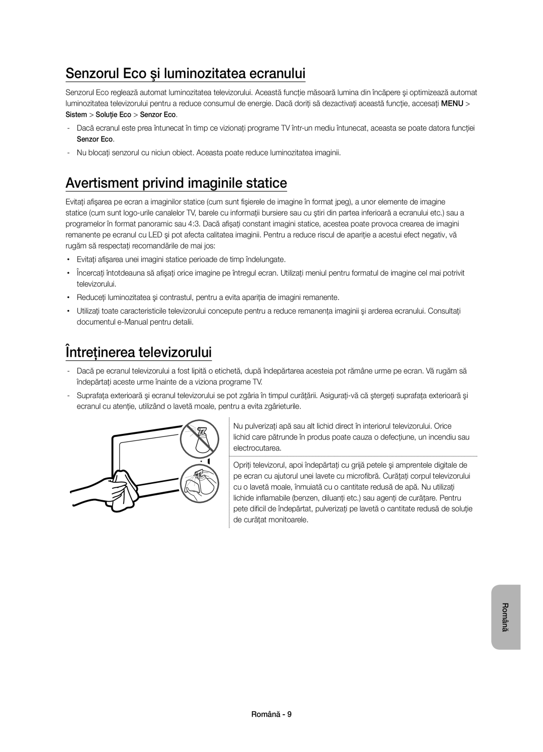 Samsung UE32J6202AKXXH, UE48J6200AWXXH manual Senzorul Eco şi luminozitatea ecranului, Avertisment privind imaginile statice 