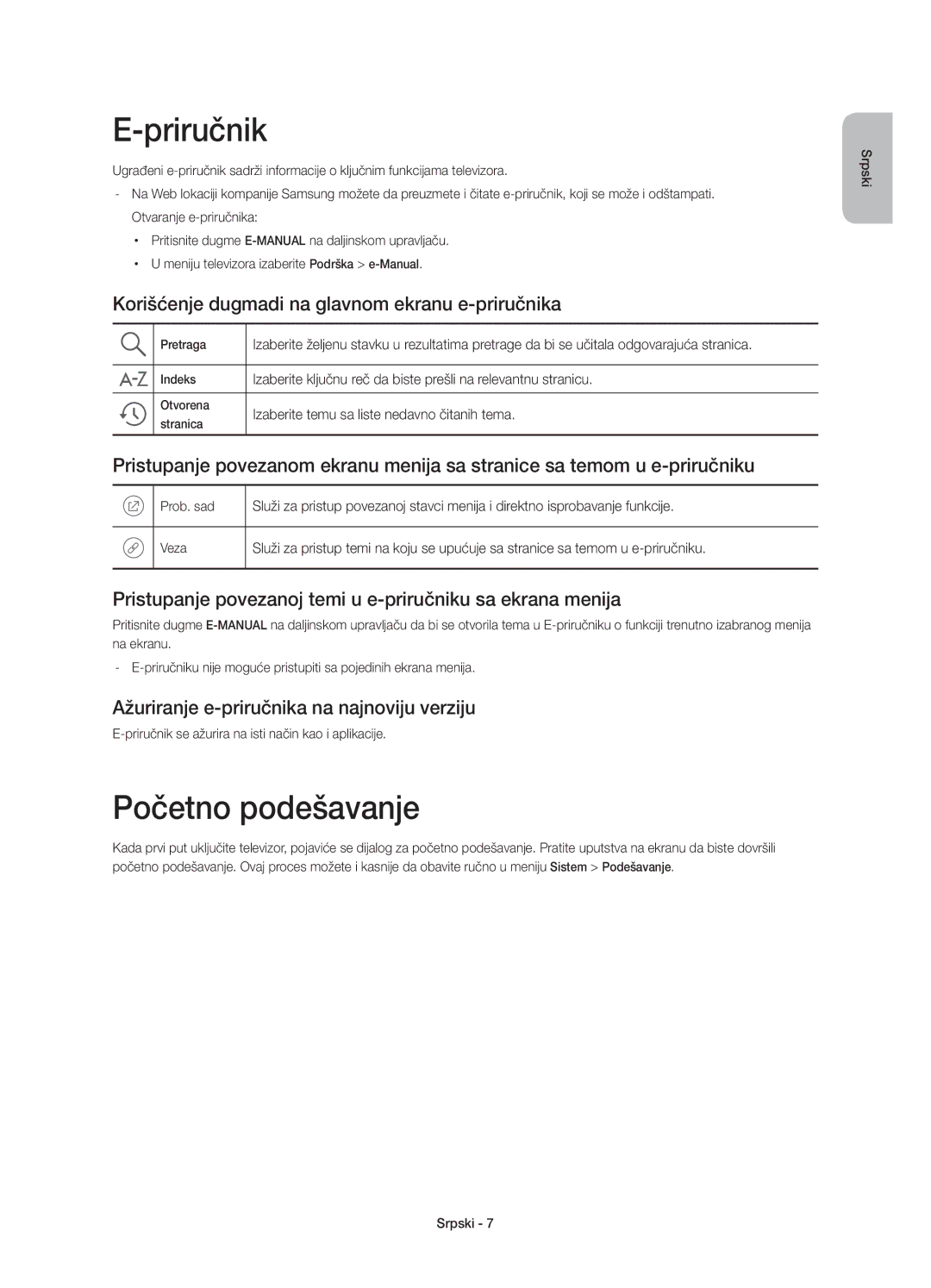 Samsung UE48J6200AWXZF, UE48J6200AWXXH Priručnik, Početno podešavanje, Korišćenje dugmadi na glavnom ekranu e-priručnika 