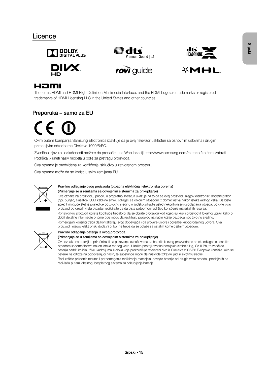 Samsung UE55J6202AKXXH, UE48J6200AWXXH, UE32J6200AWXXH, UE60J6200AWXXH, UE55J6200AWXXH, UE40J6200AWXXH, UE40J6200AWXZF Licence 