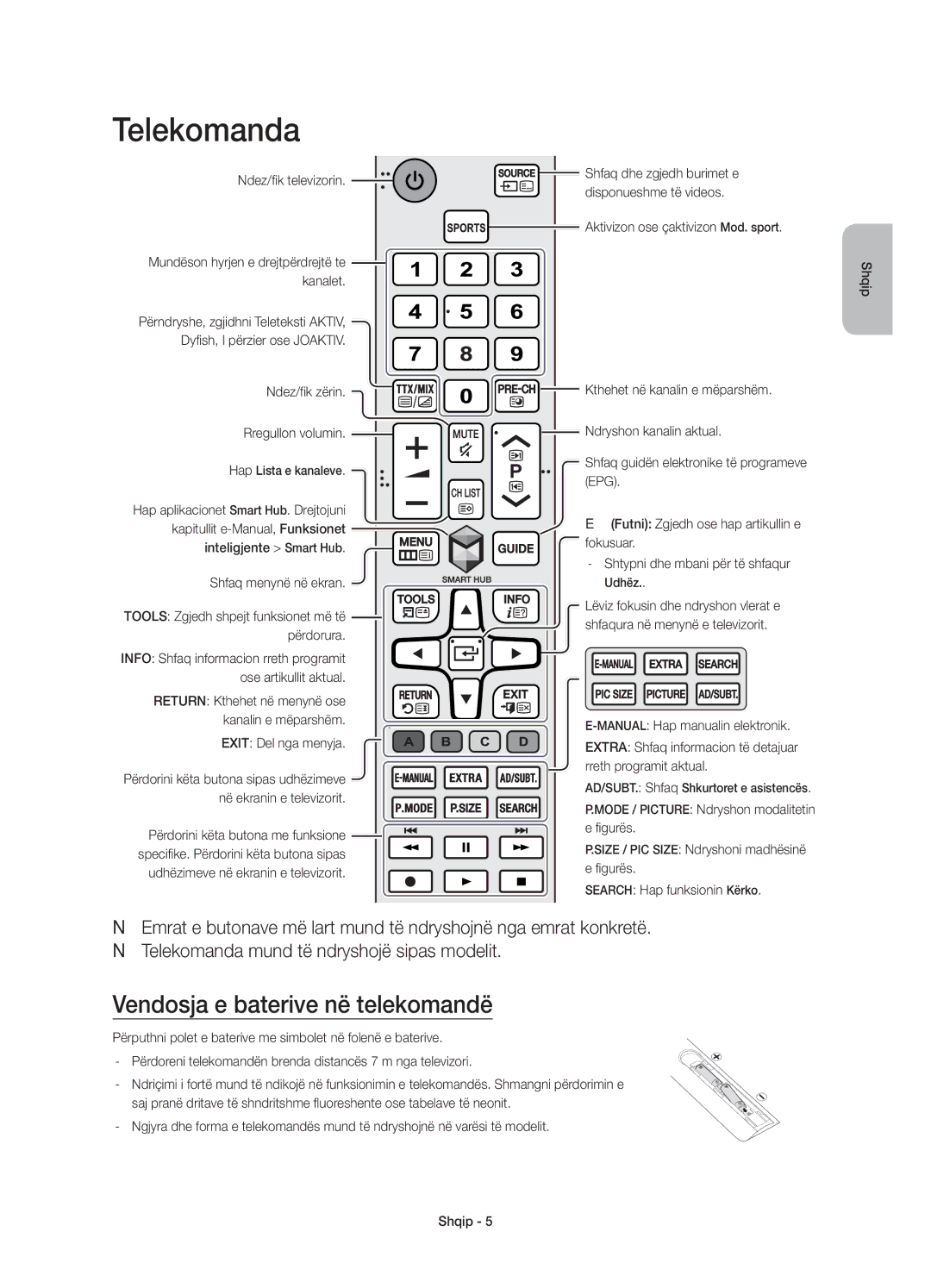 Samsung UE40J6200AWXXN Telekomanda, Vendosja e baterive në telekomandë, Tools Zgjedh shpejt funksionet më të përdorura 