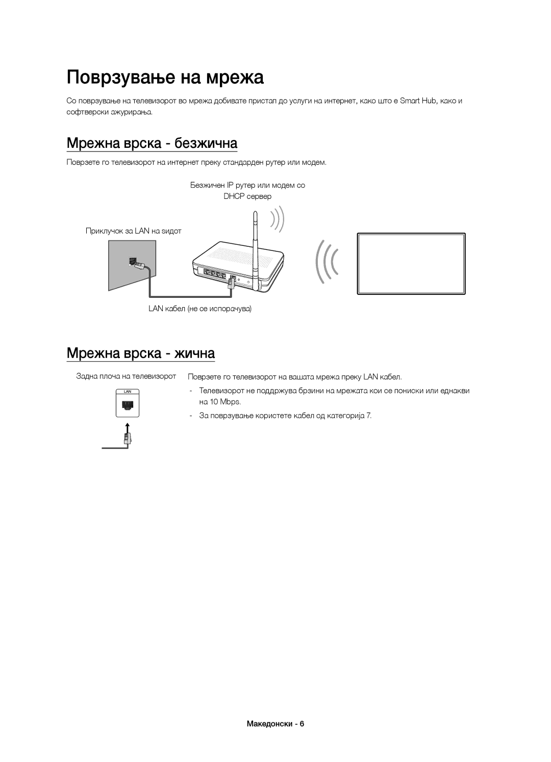 Samsung UE60J6202AKXXH, UE48J6200AWXXH, UE32J6200AWXXH manual Поврзување на мрежа, Мрежна врска безжична, Мрежна врска жична 