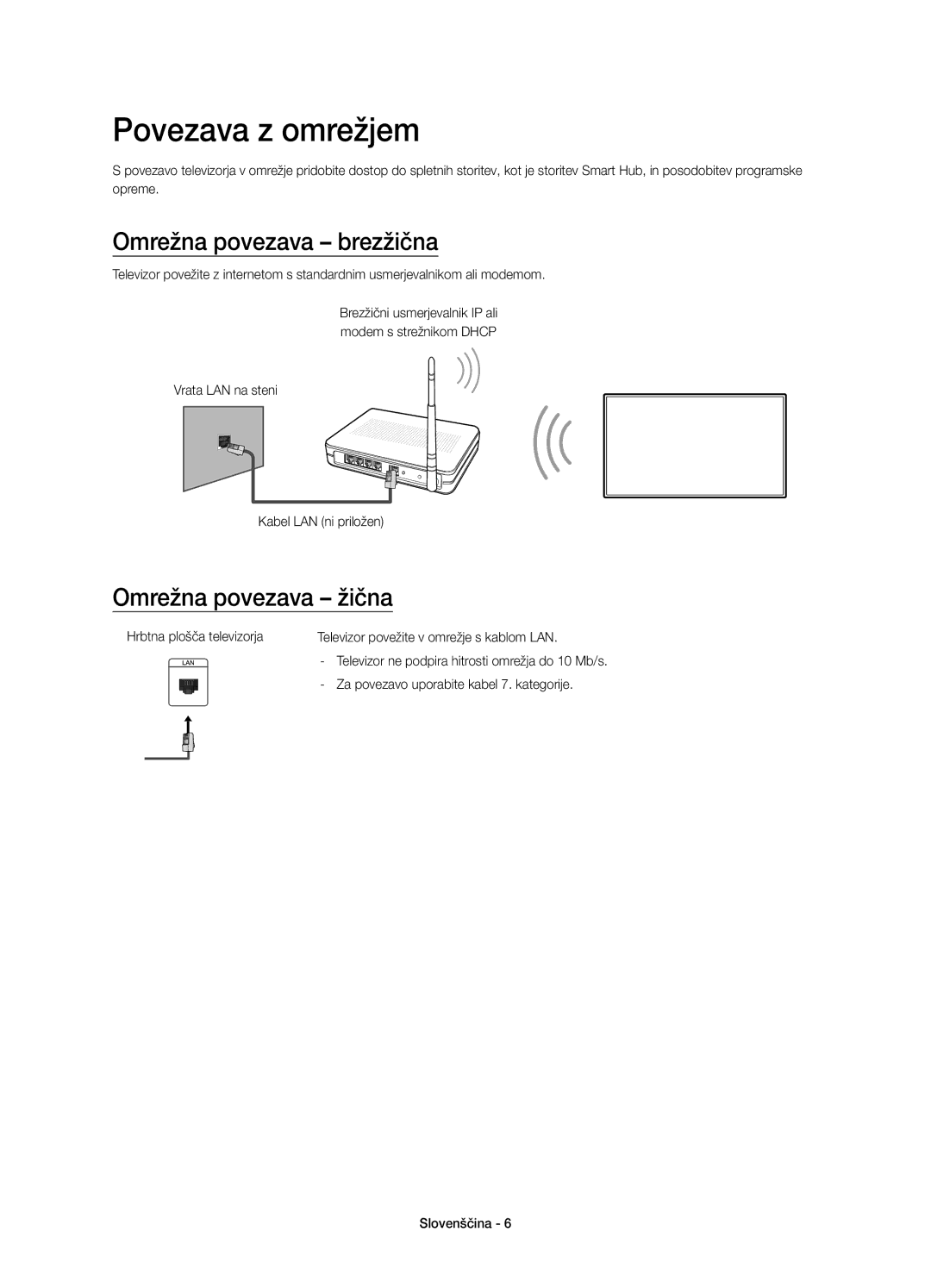 Samsung UE55J6200AWXZF, UE48J6200AWXXH manual Povezava z omrežjem, Omrežna povezava brezžična, Omrežna povezava žična 