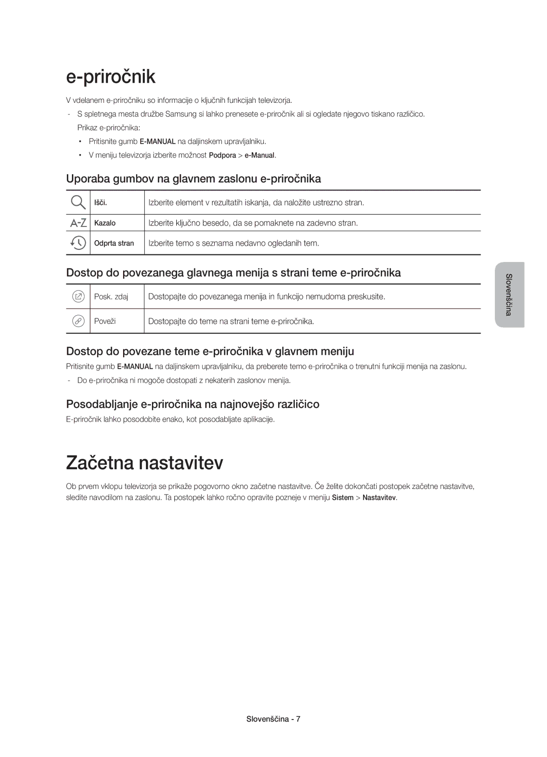 Samsung UE48J6200AWXZF, UE48J6200AWXXH manual Priročnik, Začetna nastavitev, Uporaba gumbov na glavnem zaslonu e-priročnika 