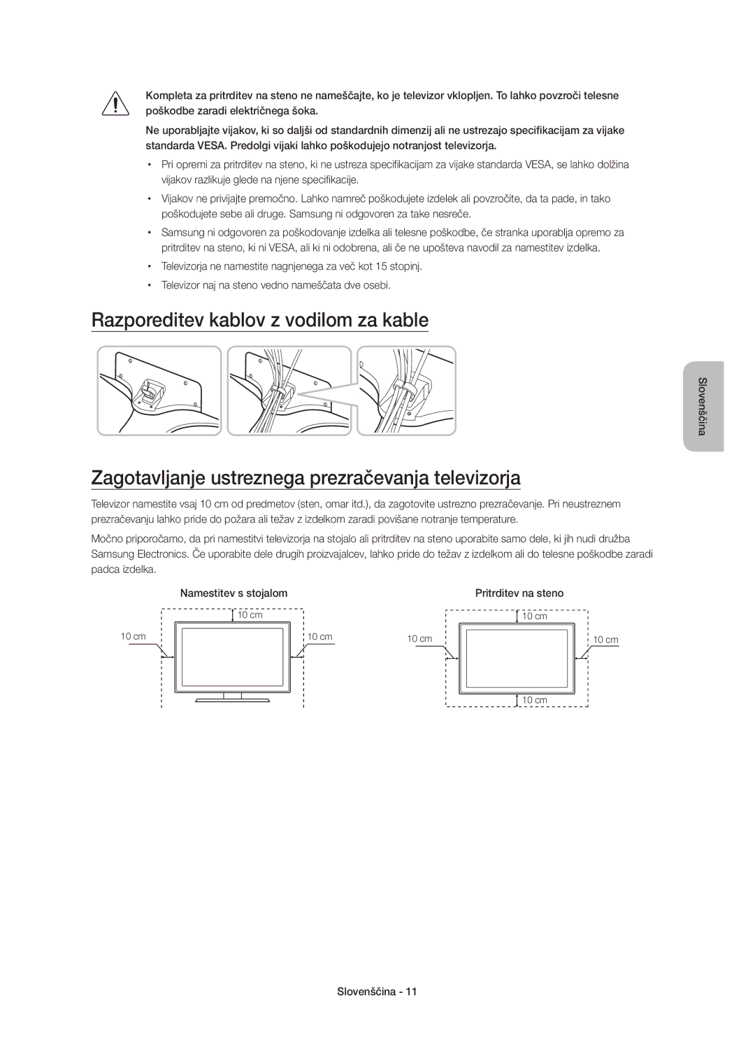 Samsung UE40J6202AKXXH manual Razporeditev kablov z vodilom za kable, Zagotavljanje ustreznega prezračevanja televizorja 