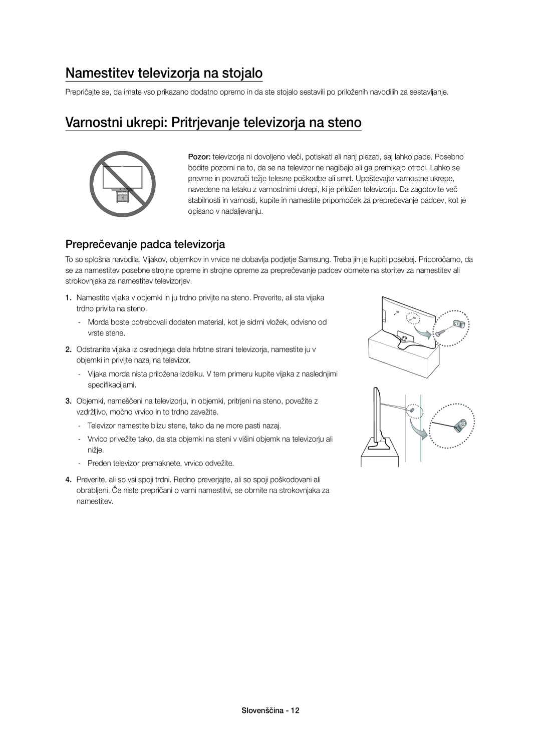 Samsung UE50J6202AKXXH manual Namestitev televizorja na stojalo, Varnostni ukrepi Pritrjevanje televizorja na steno 