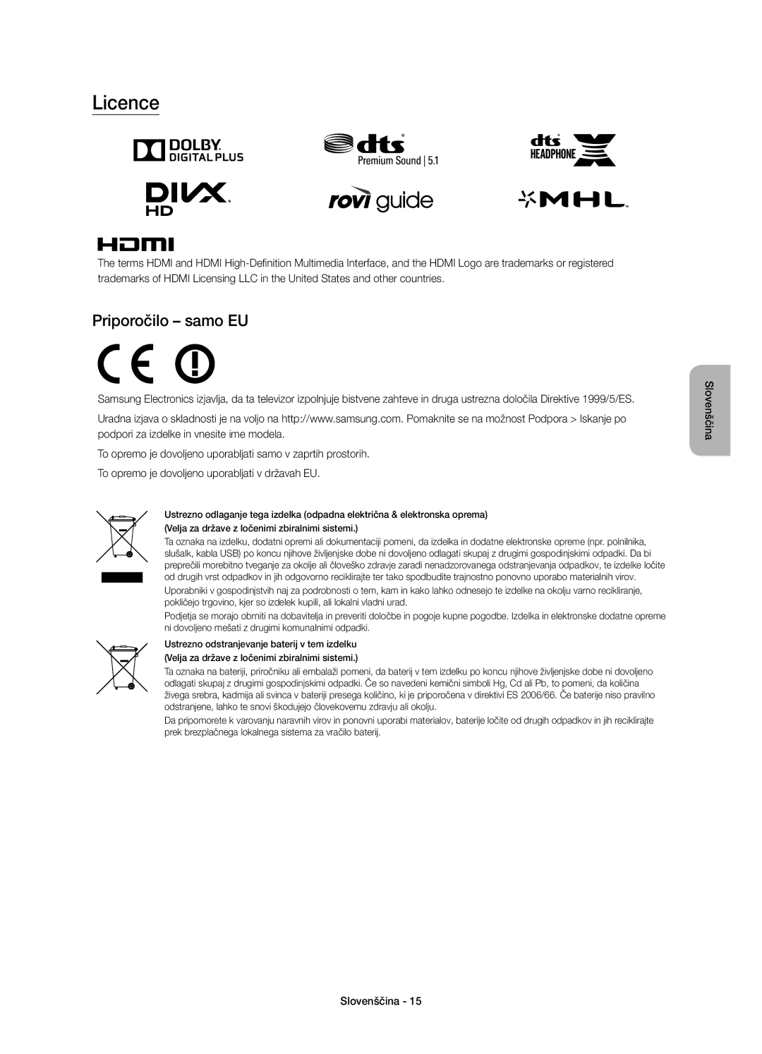 Samsung UE55J6202AKXXH, UE48J6200AWXXH, UE32J6200AWXXH, UE60J6200AWXXH, UE55J6200AWXXH manual Licence, Priporočilo samo EU 