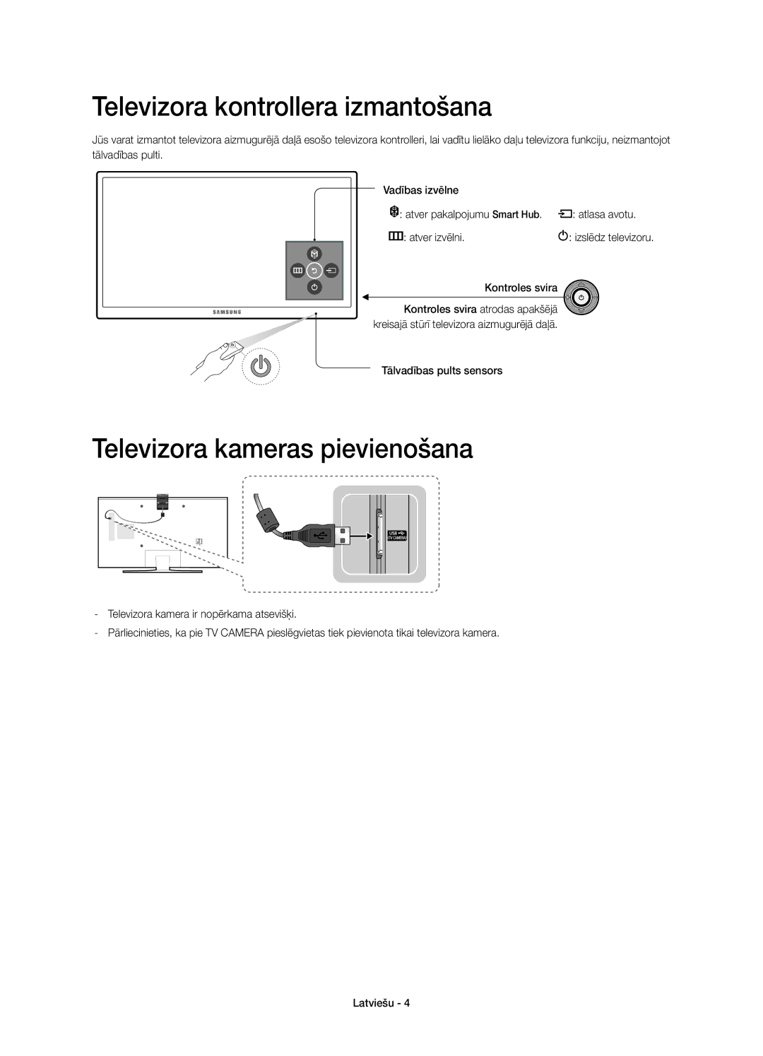 Samsung UE60J6200AWXXN manual Televizora kontrollera izmantošana, Televizora kameras pievienošana, Tālvadības pults sensors 