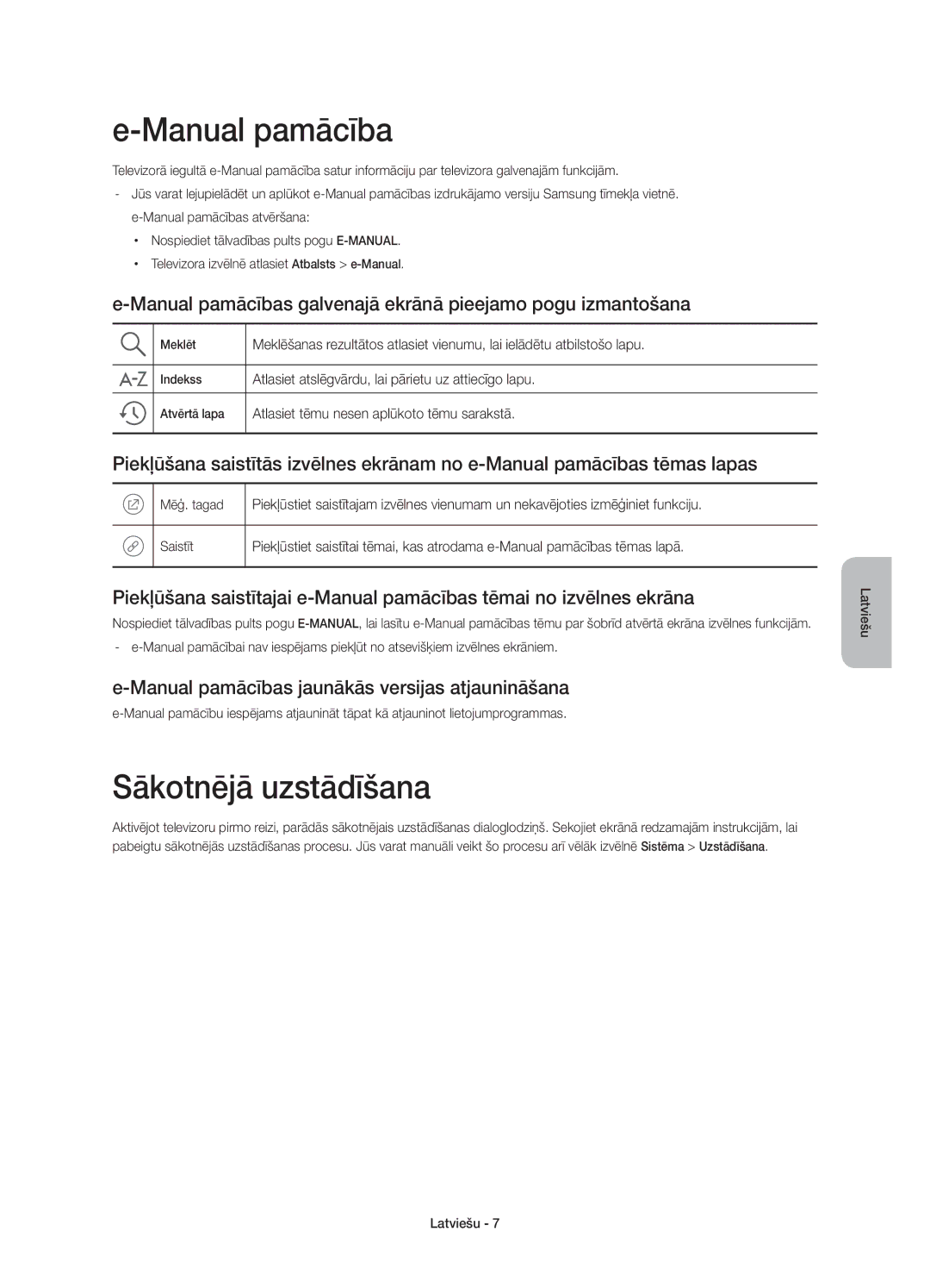 Samsung UE48J6200AWXXH manual Sākotnējā uzstādīšana, Manual pamācības galvenajā ekrānā pieejamo pogu izmantošana 