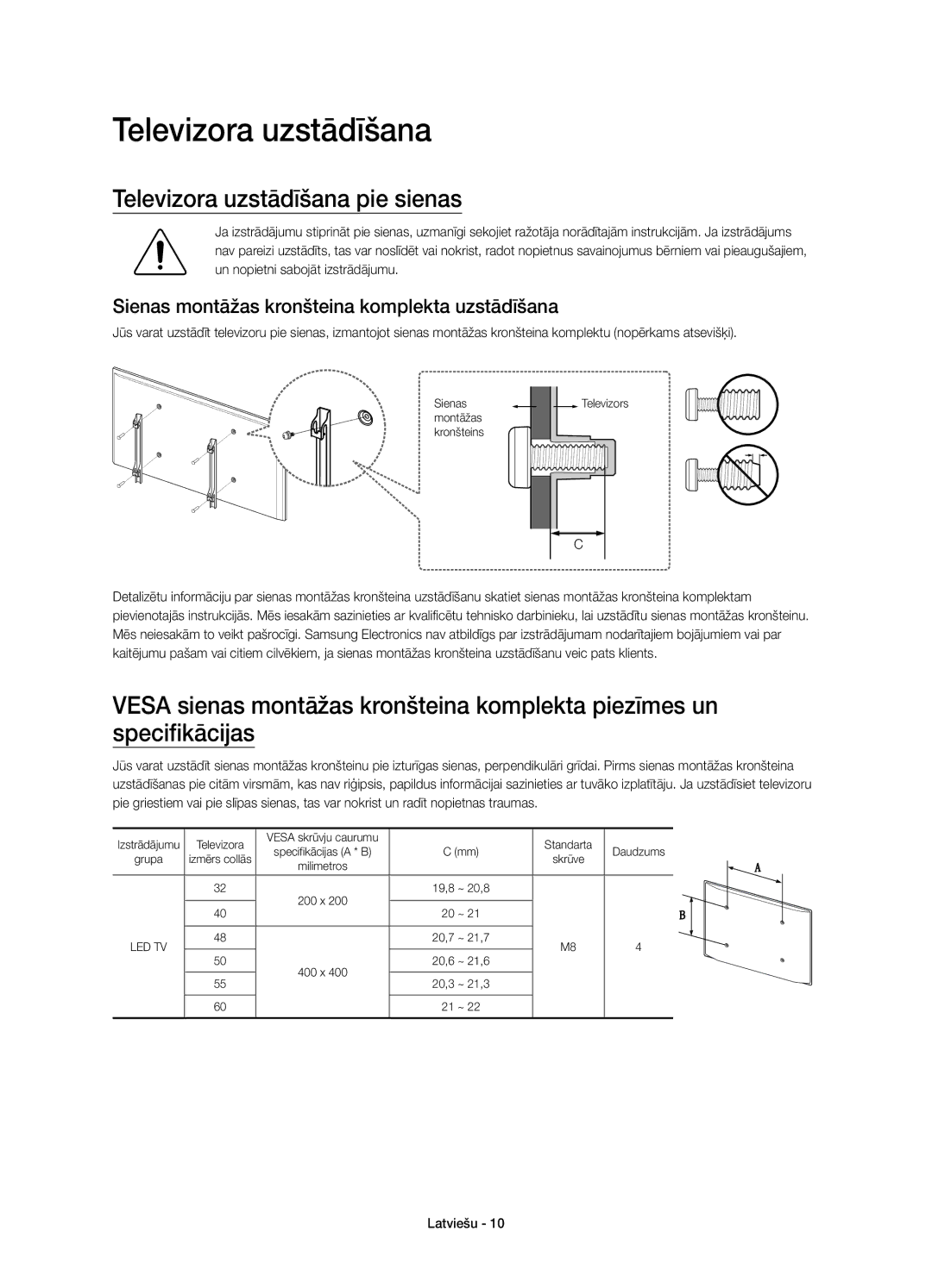 Samsung UE55J6200AWXXH manual Televizora uzstādīšana pie sienas, Sienas montāžas kronšteina komplekta uzstādīšana 