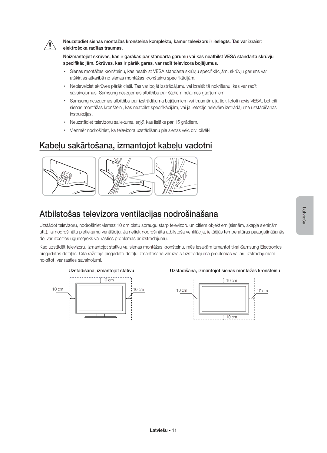 Samsung UE40J6200AWXXH, UE48J6200AWXXH, UE32J6200AWXXH, UE60J6200AWXXH Uzstādīšana, izmantojot sienas montāžas kronšteinu 