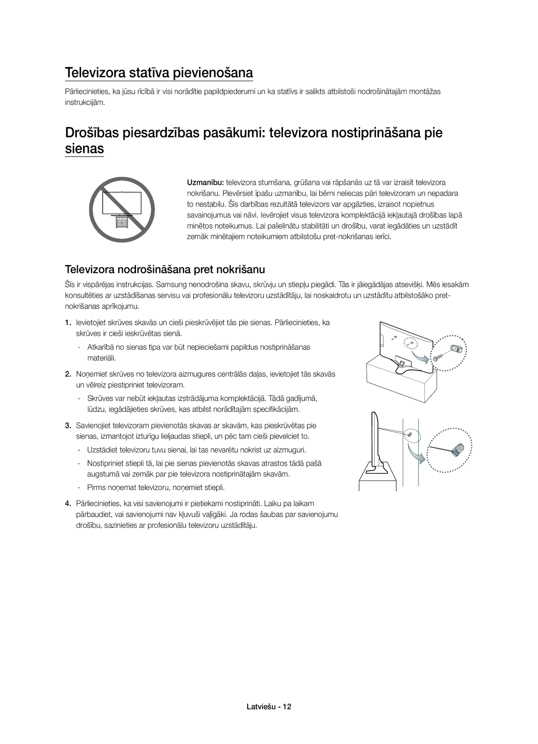 Samsung UE40J6200AWXZF, UE48J6200AWXXH manual Televizora statīva pievienošana, Televizora nodrošināšana pret nokrišanu 