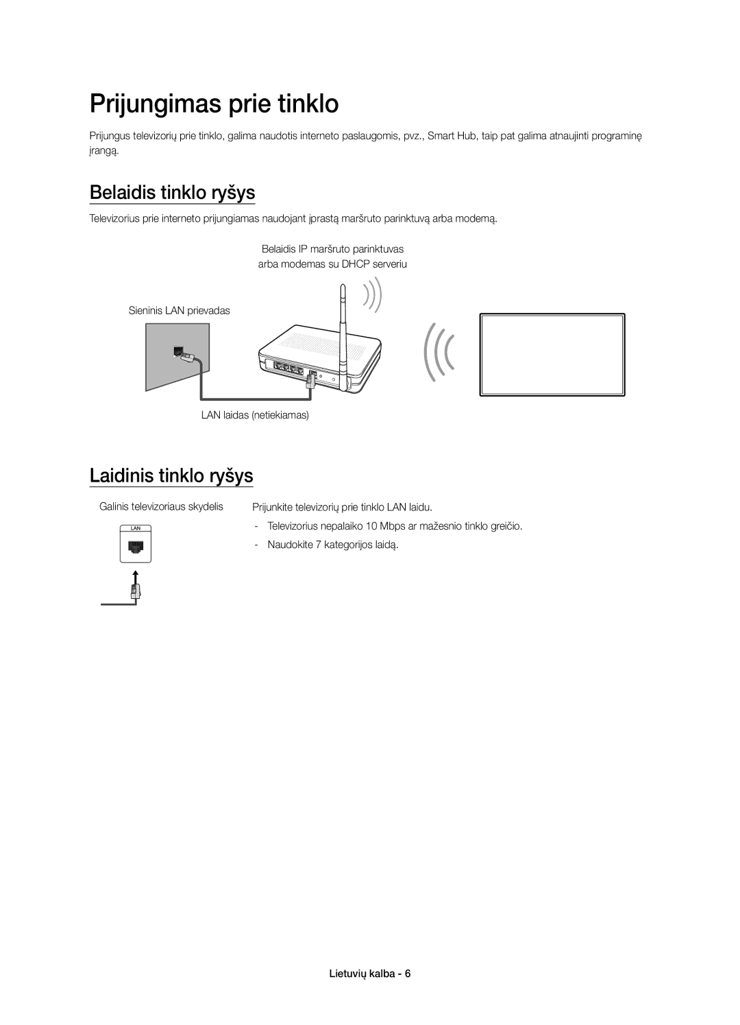 Samsung UE60J6202AKXXH, UE48J6200AWXXH manual Prijungimas prie tinklo, Belaidis tinklo ryšys, Laidinis tinklo ryšys 