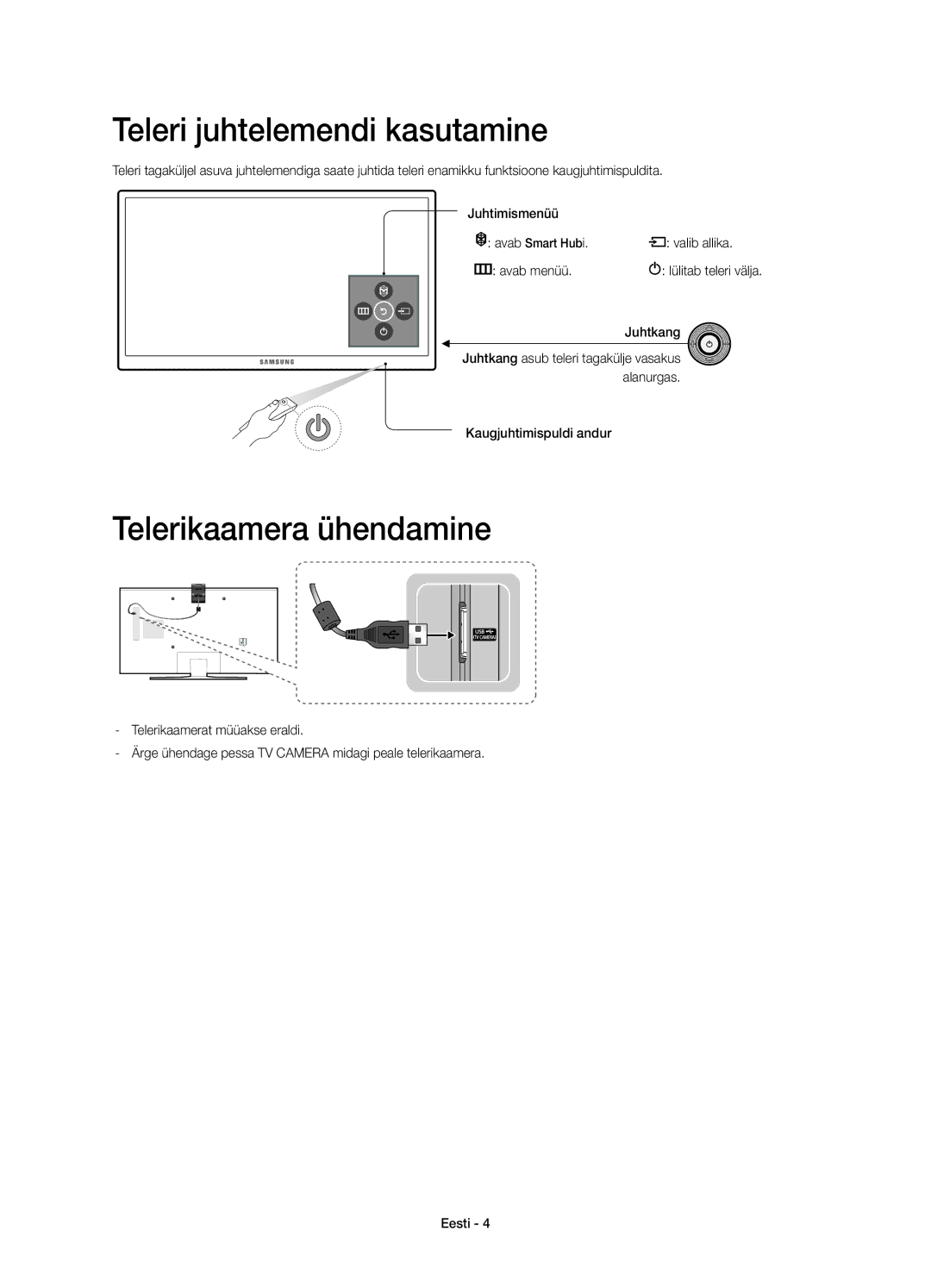 Samsung UE40J6200AWXXH manual Teleri juhtelemendi kasutamine, Telerikaamera ühendamine, Juhtkang, Kaugjuhtimispuldi andur 