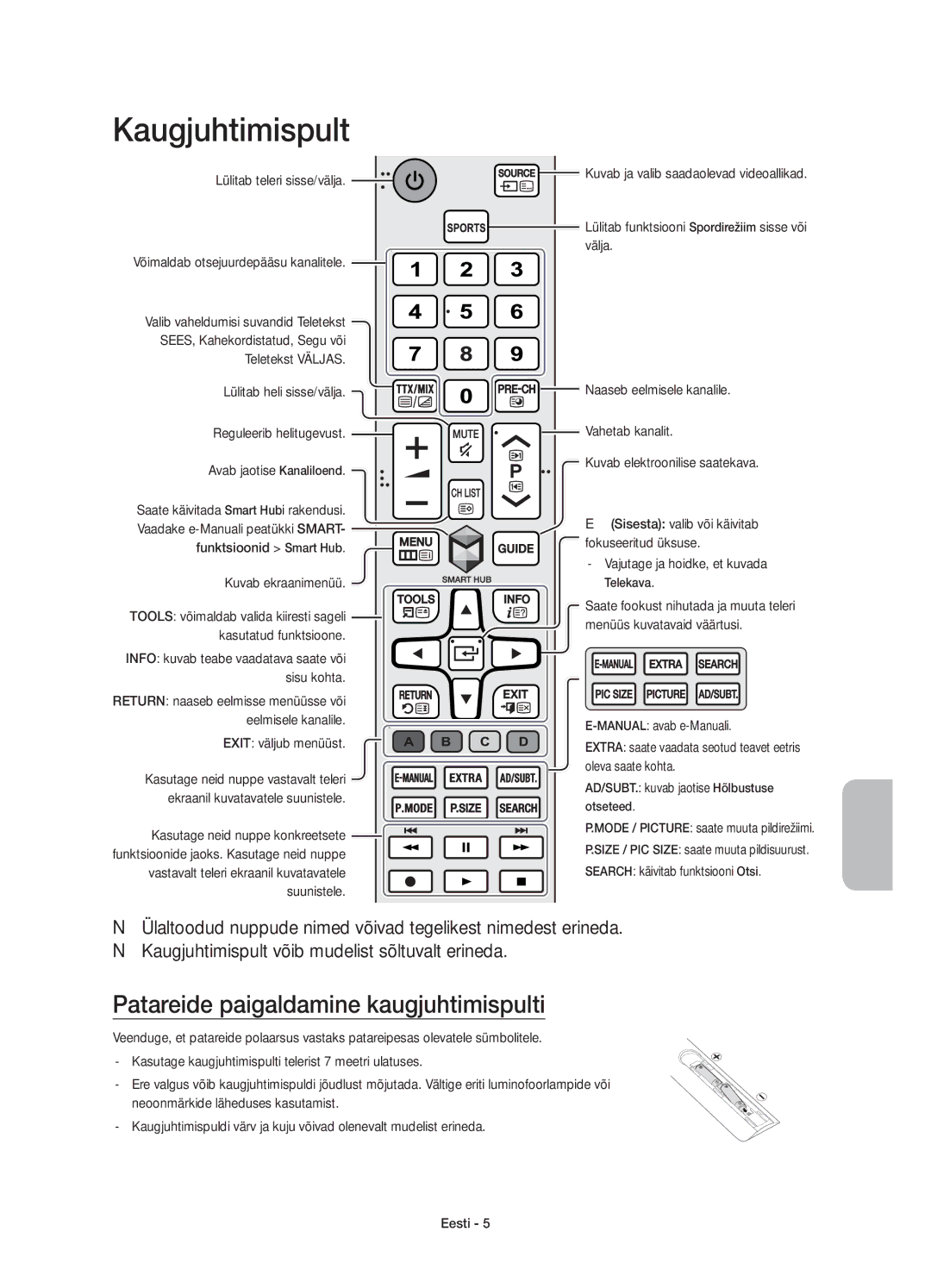 Samsung UE40J6200AWXZF manual Kaugjuhtimispult, Patareide paigaldamine kaugjuhtimispulti, Lülitab teleri sisse/välja 