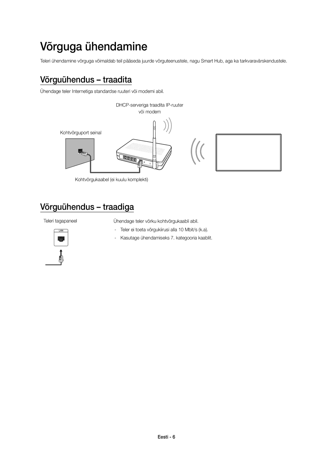 Samsung UE55J6200AWXZF, UE48J6200AWXXH, UE32J6200AWXXH Võrguga ühendamine, Võrguühendus traadita, Võrguühendus traadiga 