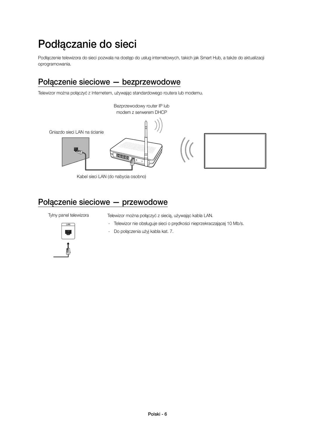 Samsung UE60J6202AKXXH manual Podłączanie do sieci, Połączenie sieciowe bezprzewodowe, Połączenie sieciowe przewodowe 