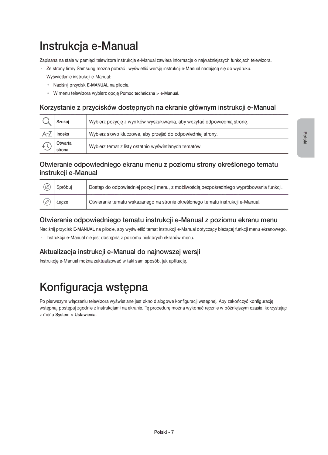 Samsung UE48J6272SUXXH Instrukcja e-Manual, Konfiguracja wstępna, Aktualizacja instrukcji e-Manual do najnowszej wersji 