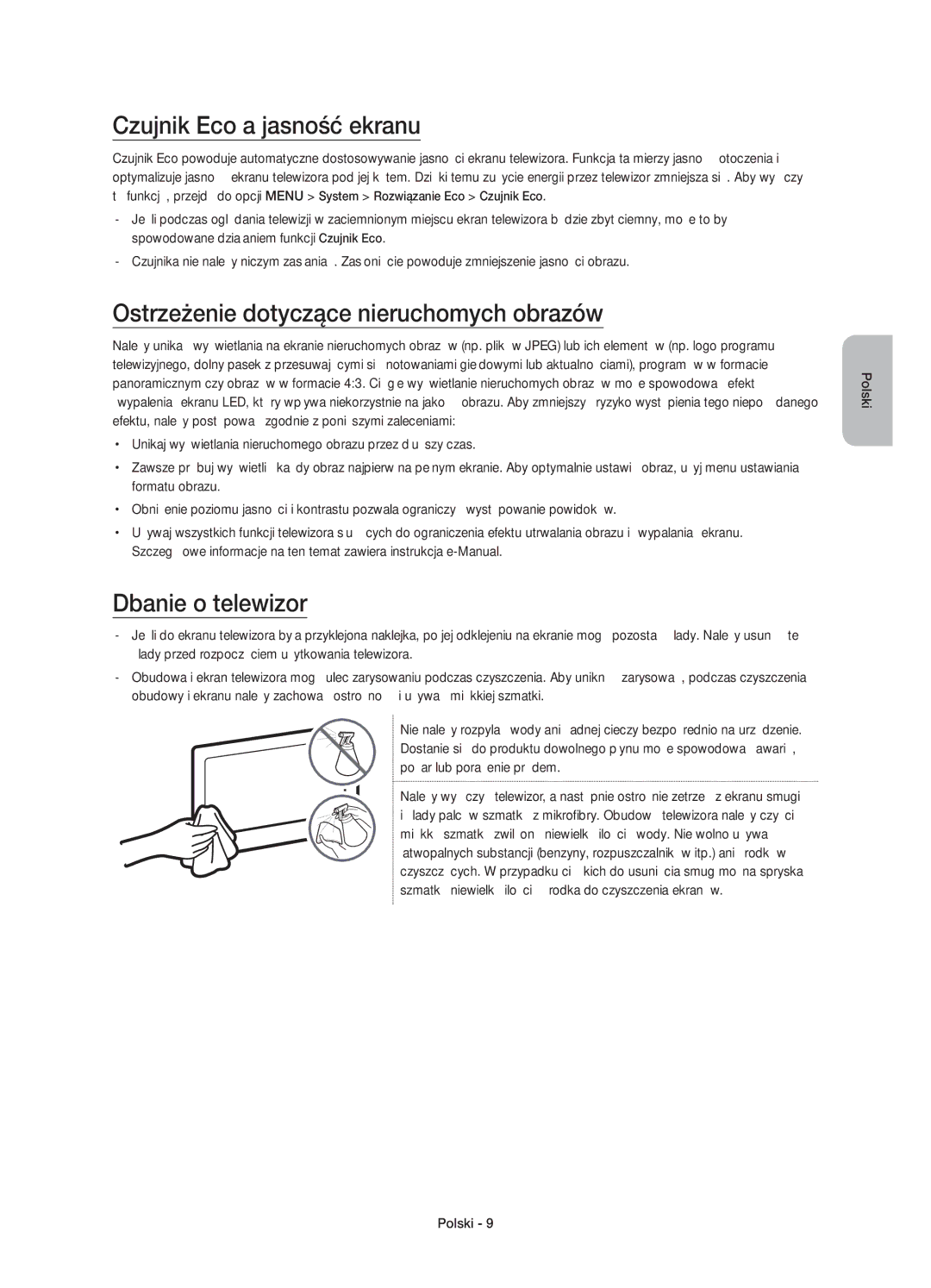 Samsung UE32J6202AKXXH manual Czujnik Eco a jasność ekranu, Ostrzeżenie dotyczące nieruchomych obrazów, Dbanie o telewizor 