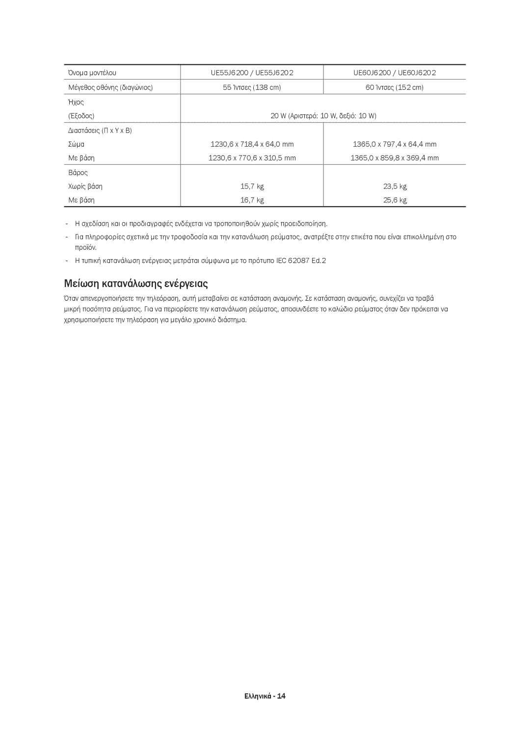 Samsung UE48J6272SUXXH, UE48J6200AWXXH, UE32J6200AWXXH, UE60J6200AWXXH, UE55J6200AWXXH manual Μείωση κατανάλωσης ενέργειας 