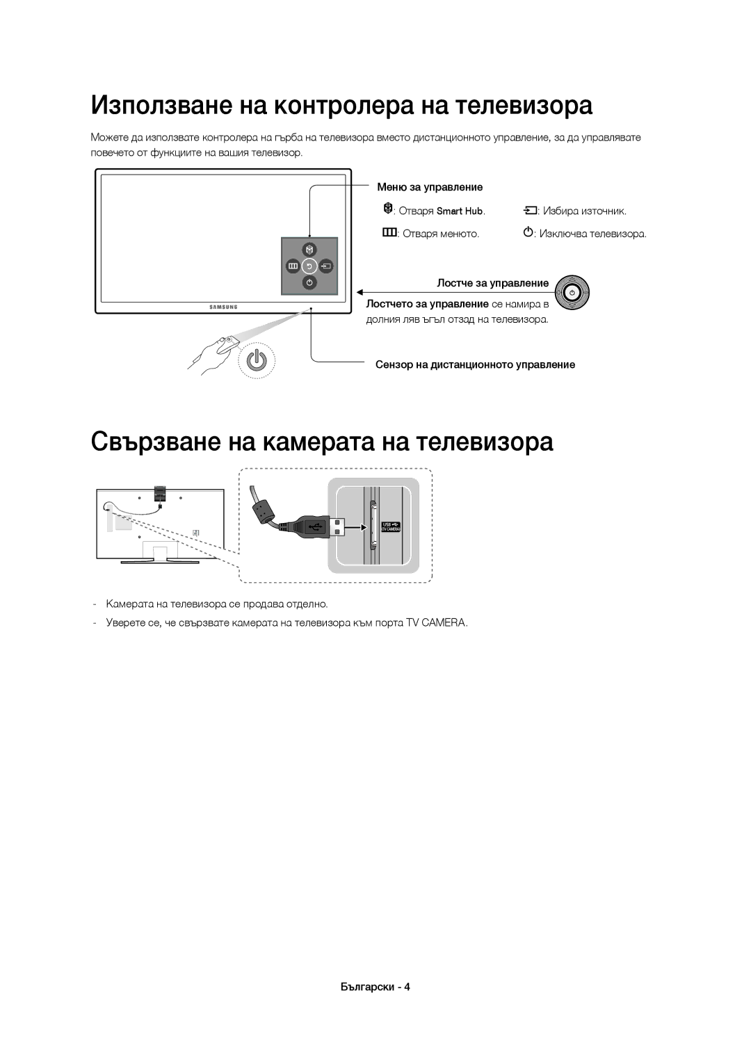 Samsung UE60J6200AWXXN manual Използване на контролера на телевизора, Свързване на камерата на телевизора, Избира източник 