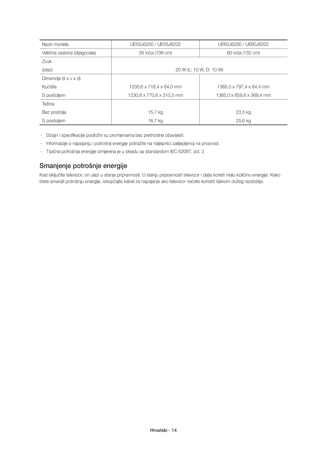 Samsung UE48J6200AWXXH, UE32J6200AWXXH Smanjenje potrošnje energije, Zvuk Izlaz L 10 W, D 10 W Dimenzije š x v x d Kućište 