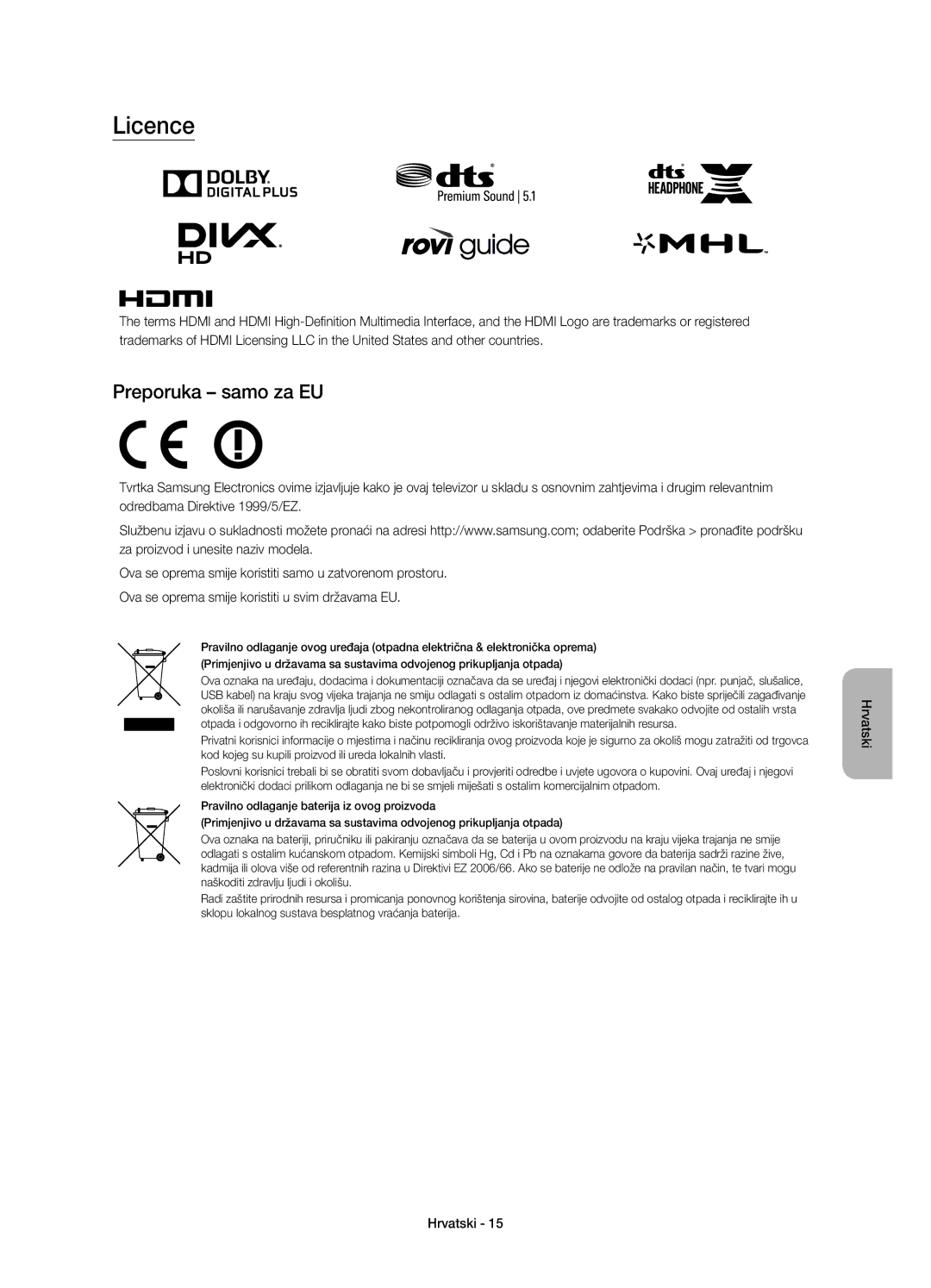 Samsung UE32J6200AWXXH, UE48J6200AWXXH, UE60J6200AWXXH, UE55J6200AWXXH, UE40J6200AWXXH manual Licence, Preporuka samo za EU 