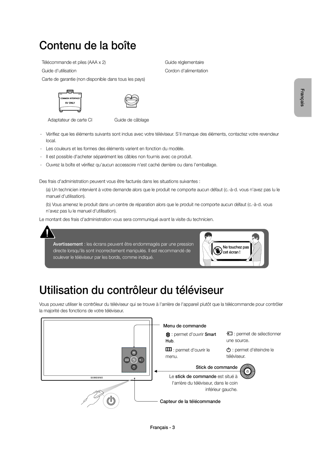 Samsung UE48J6200AWXXH Contenu de la boîte, Utilisation du contrôleur du téléviseur, Adaptateur de carte CI, Une source 