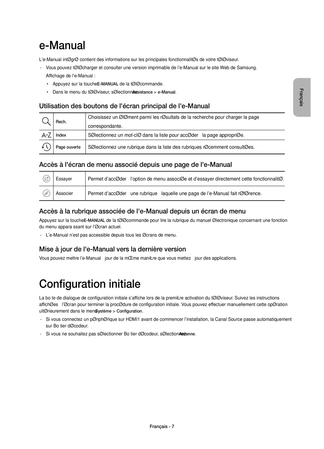 Samsung UE40J6200AWXXH manual Configuration initiale, Utilisation des boutons de lécran principal de le-Manual 