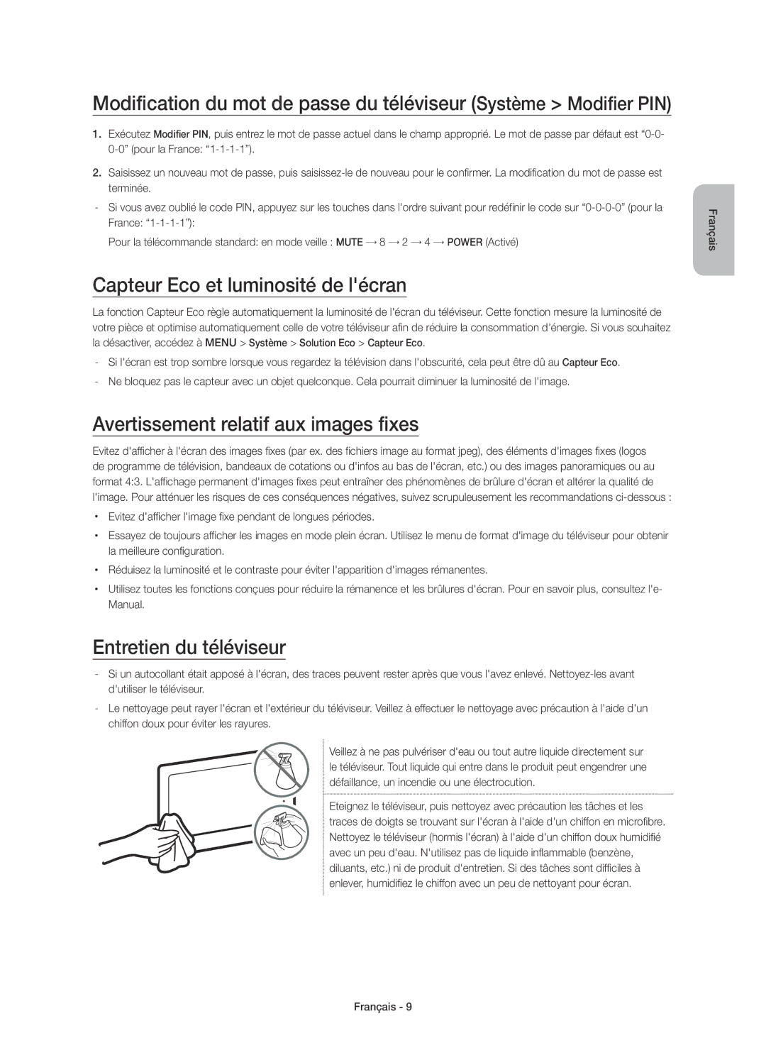 Samsung UE40J6200AWXZF, UE48J6200AWXXH manual Capteur Eco et luminosité de lécran, Avertissement relatif aux images fixes 