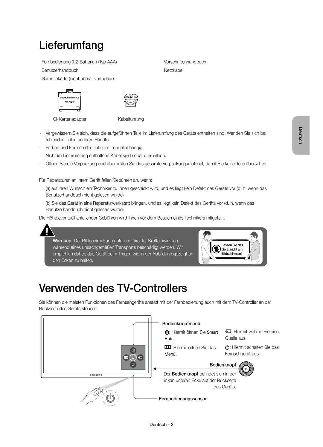 Samsung UE60J6200AWXXN manual Lieferumfang, Verwenden des TV-Controllers, Fernbedienung & 2 Batterien Typ AAA, Quelle aus 