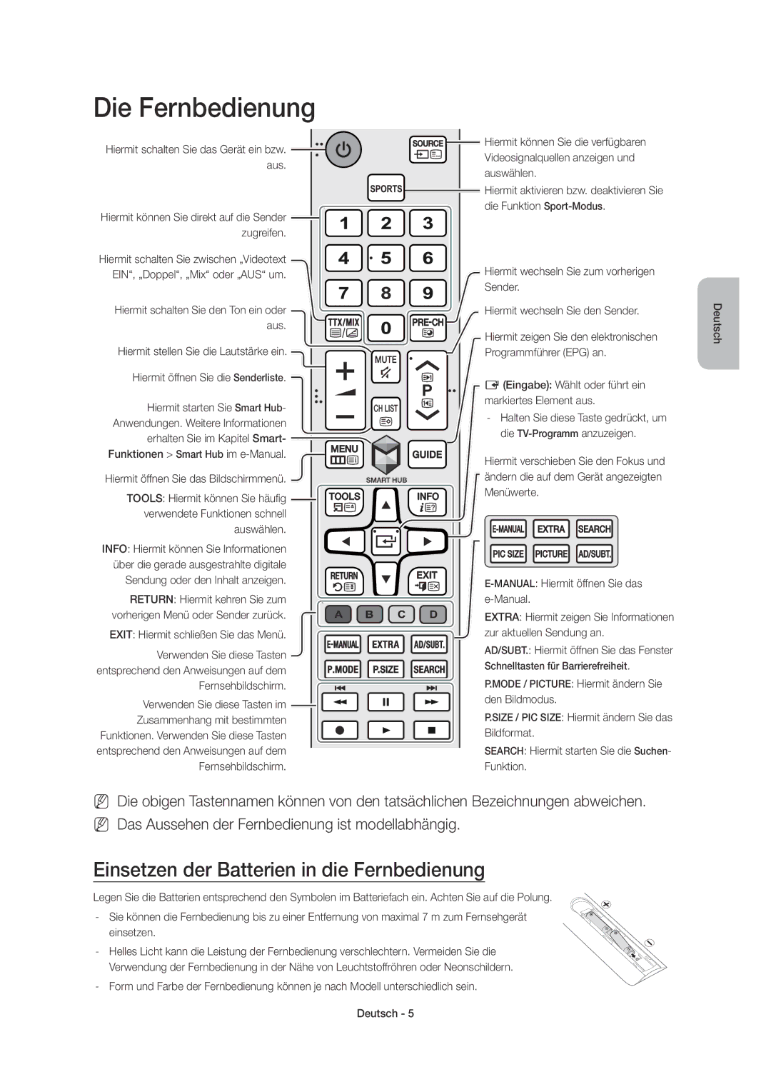 Samsung UE55J6200AWXXN, UE48J6200AWXXH, UE32J6200AWXXH manual Die Fernbedienung, Einsetzen der Batterien in die Fernbedienung 