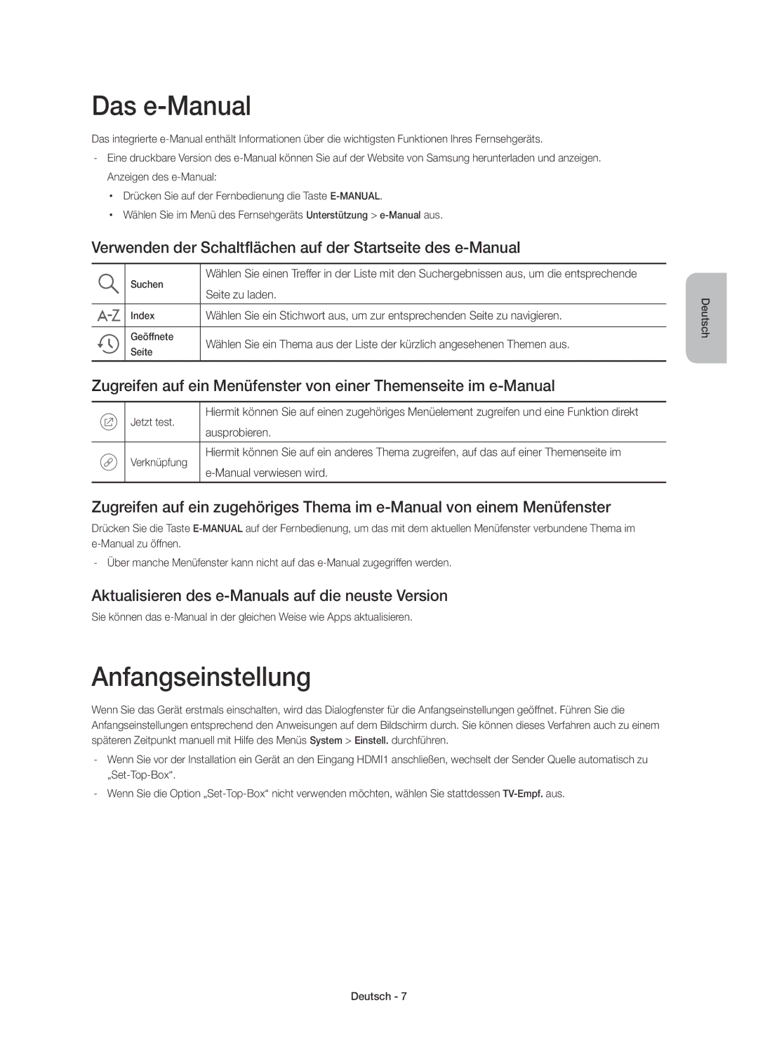 Samsung UE32J6200AWXXH manual Das e-Manual, Anfangseinstellung, Verwenden der Schaltflächen auf der Startseite des e-Manual 