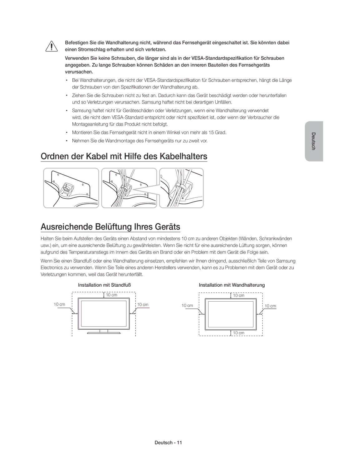 Samsung UE50J6200AWXXH, UE48J6200AWXXH, UE32J6200AWXXH manual Installation mit Standfuß, Installation mit Wandhalterung 