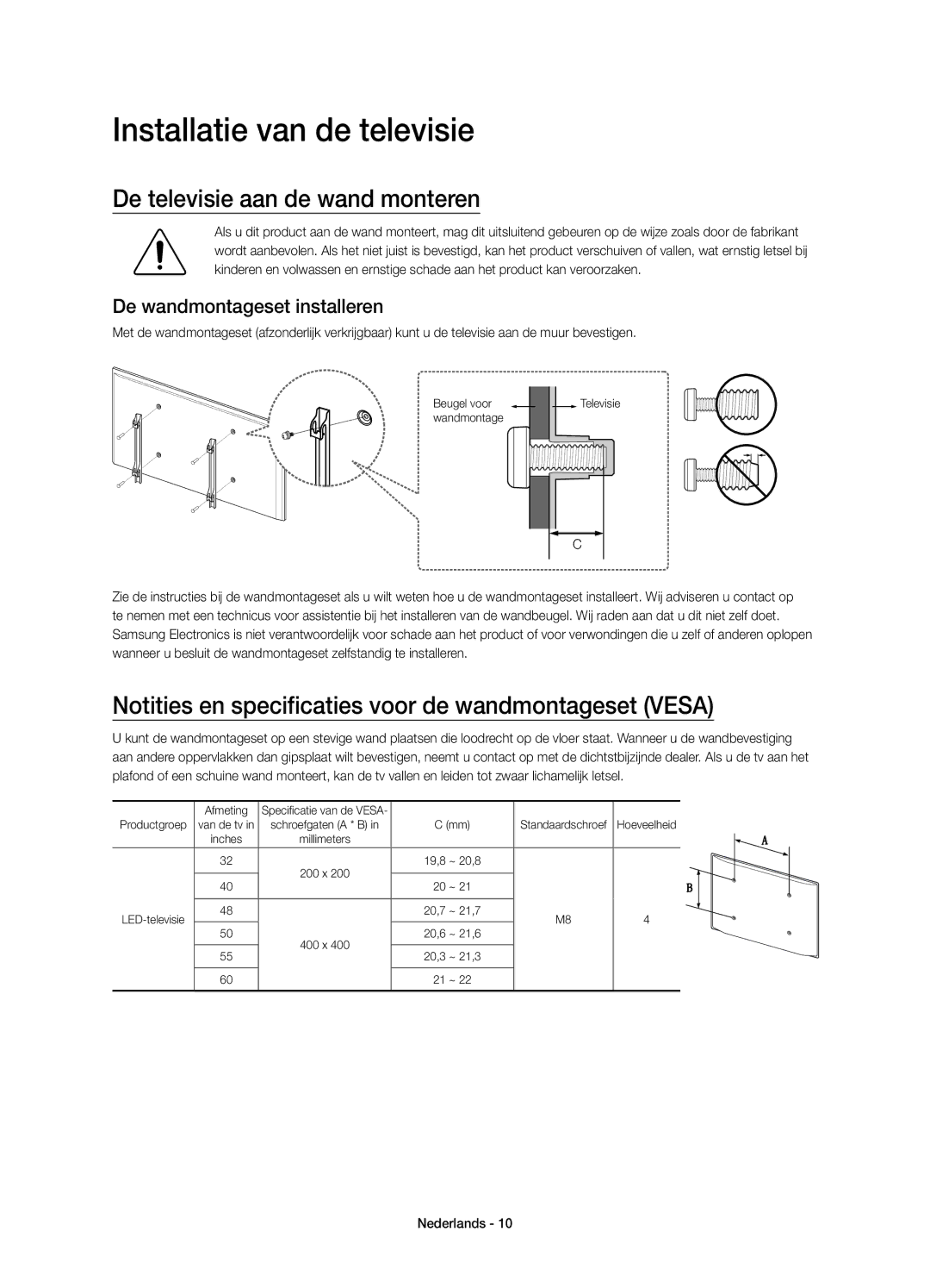 Samsung UE32J6200AWXXH Installatie van de televisie, De televisie aan de wand monteren, De wandmontageset installeren 