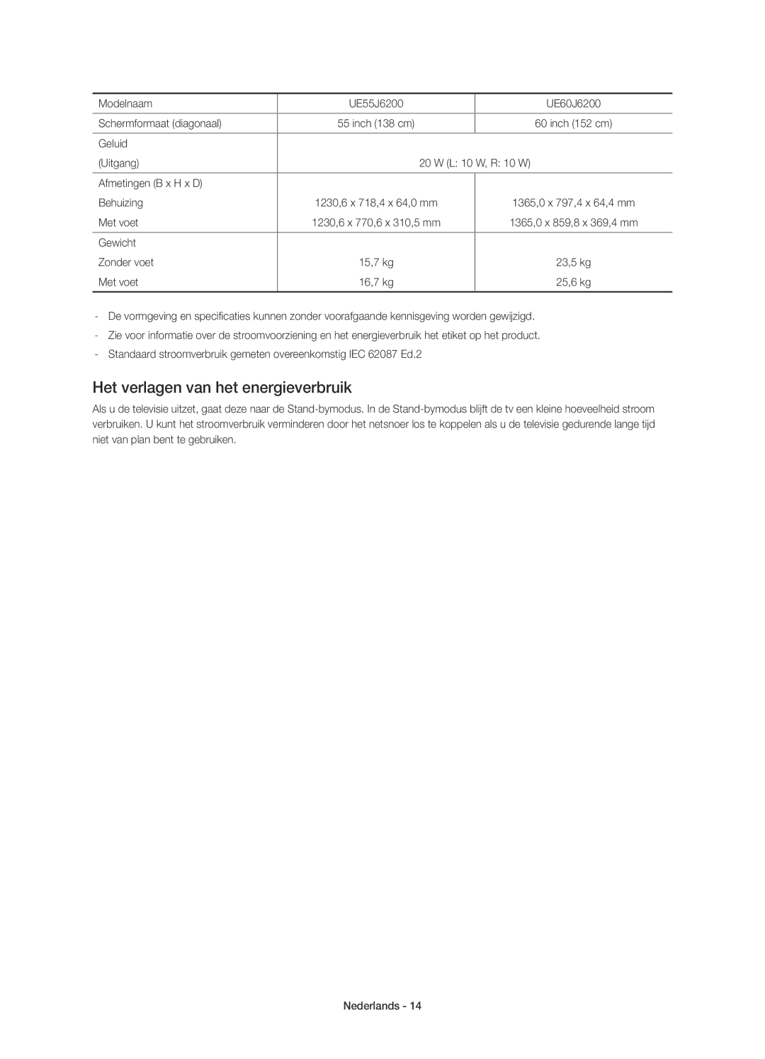 Samsung UE50J6200AWXXH manual Het verlagen van het energieverbruik, Modelnaam UE55J6200 UE60J6200 Schermformaat diagonaal 