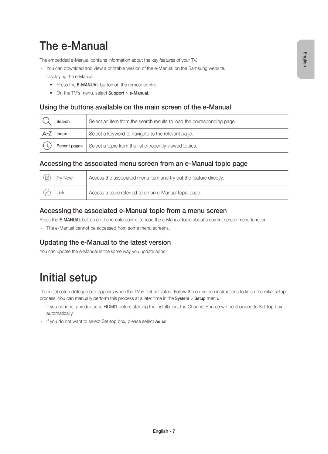 Samsung UE55J6200AWXZF manual E-Manual, Initial setup, Accessing the associated menu screen from an e-Manual topic 